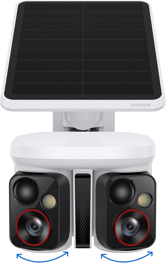 Dual-track tracking solar-powered security camera, dual 3K AI cameras, color night vision capability, IP65 protection rating