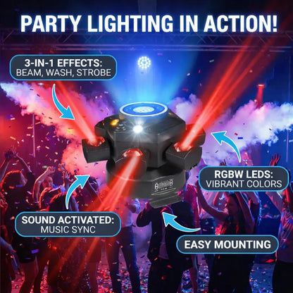 Moving Head Dj Lights for Parties, Stage Light 6-in-1 LED RGBW 6 Arms DJ Lights for Parties Support DMX-512 & Sound Activated, Stage Light for Party