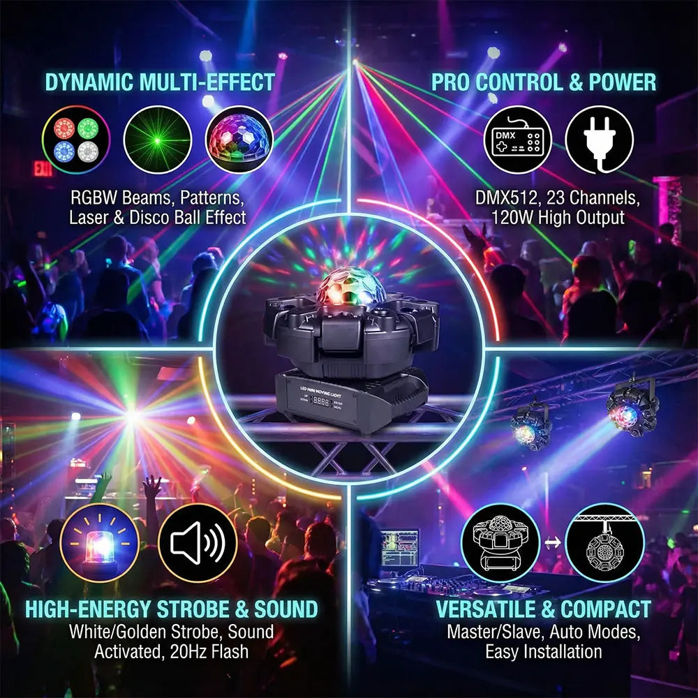 Moving Head Dj Lights for Parties, Stage Light 6-in-1 LED RGBW 6 Arms DJ Lights for Parties Support DMX-512 & Sound Activated, Stage Light for Party
